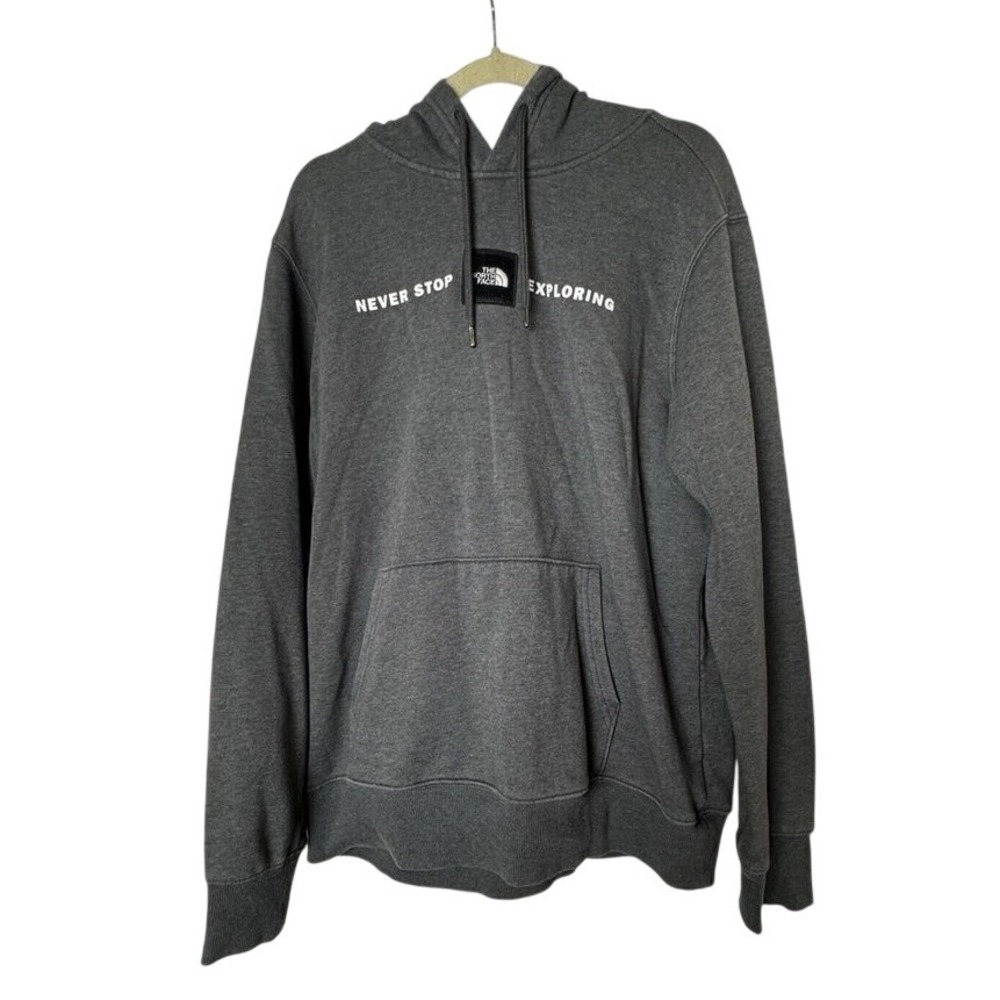 North Face Hoodie L Large Men Never Stop Exploring Logo Grey Pullover Sweatshirt
